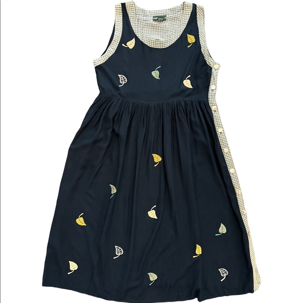 Vintage 90s Papy Boez Sleeveless Black Embroidered Leaves Maxi Dress Sm/Medium